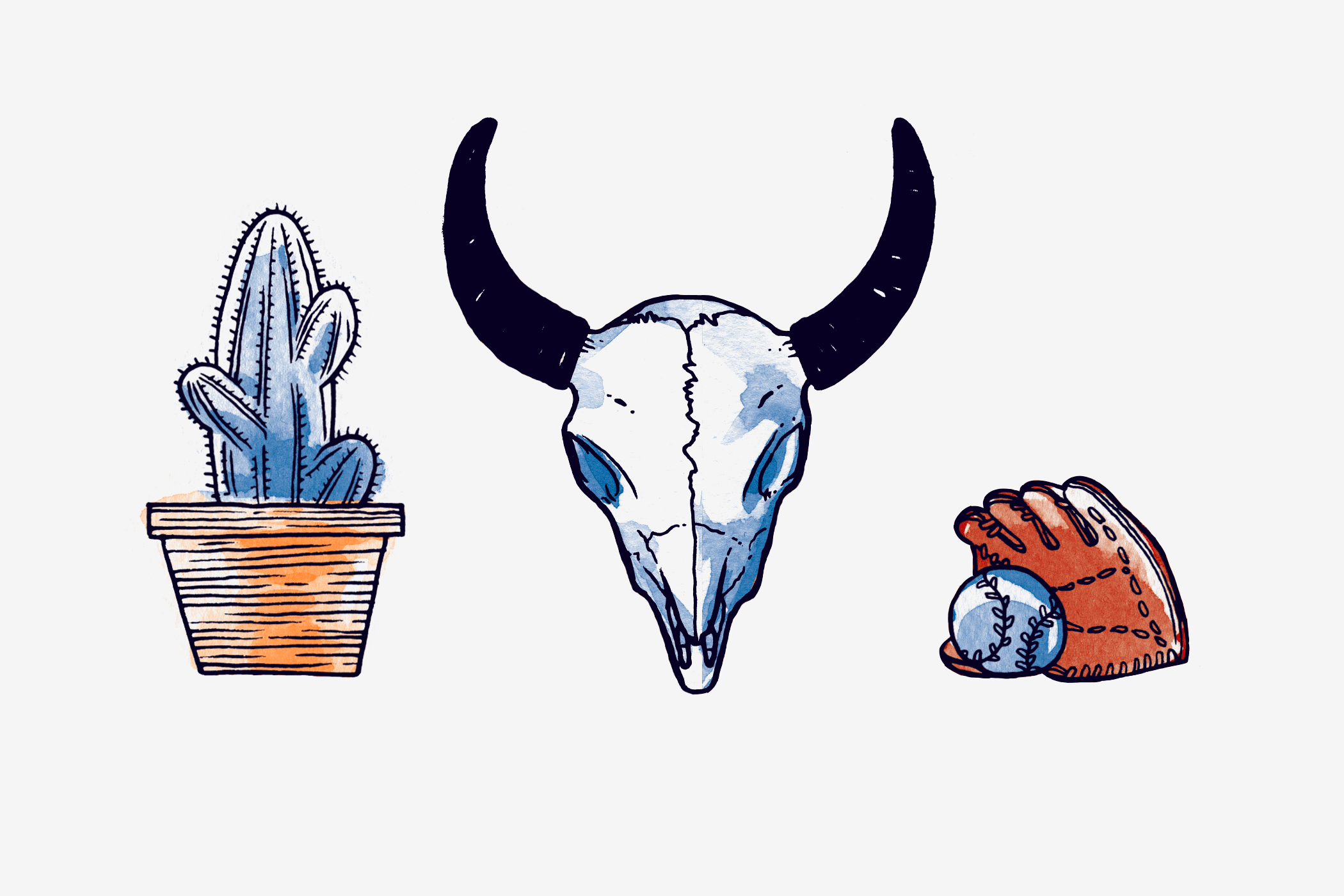 Viacom phone room illustrations - cactus, skull, baseball gloves